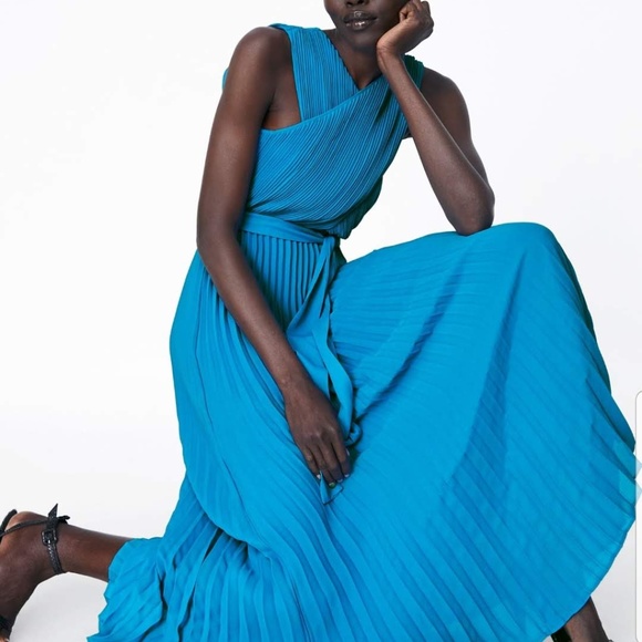 Zara Pleated Wrap Front Maxi Dress Blue XS - Picture 6 of 7